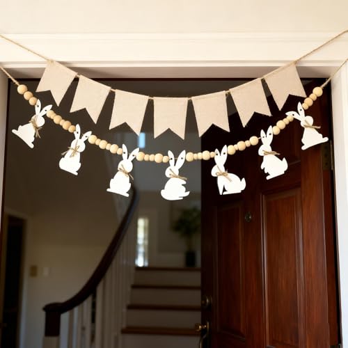 Easter Bunny Wooden Bead Garland - 6.56ft Rustic Banner for Home Decor