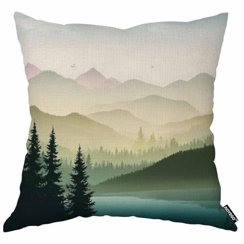 AOYEGO Mountain Forest Lake Landscape Throw Pillow Cover 18x18 Inch Cotton Linen Decor