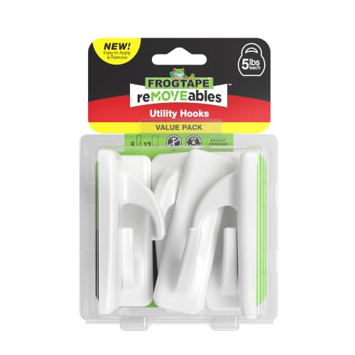 FrogTape reMOVEables Large White Utility Wall Hooks (6 Pack) - Damage-Free, Heavy Duty