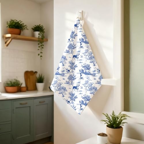 Chinoiserie Bull Terrier Dog Kitchen Towel Blue White Floral 16x24
