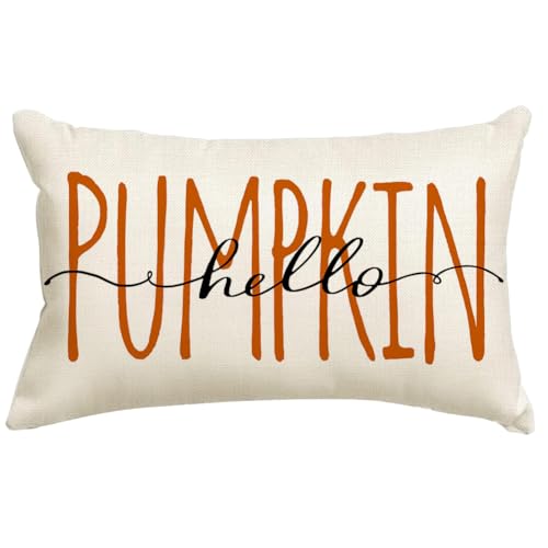 Cream Fall Pillow Cover 12x20 | Hello Pumpkin Thanksgiving Decor