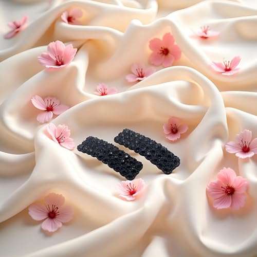 Black Rhinestone Snap Hair Clips 2Pcs Korean Rectangular Hair Barrettes