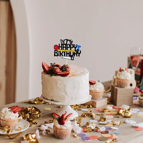 Tool Happy Birthday Cake Topper - Black Mechanic & Construction Party Decor