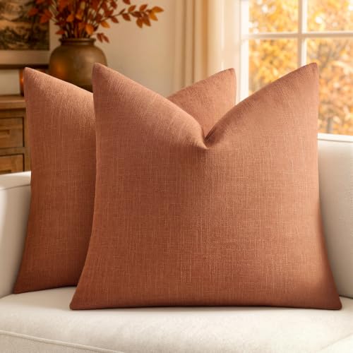 MIULEE 18x18 Inch Rust Linen Burlap Textured Pillow Covers Set of 2 Fall Farmhouse Decor