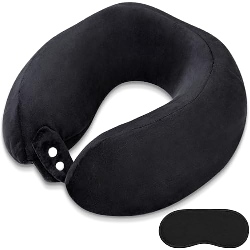Black Memory Foam Neck Pillow for Travel & Airplane Comfort