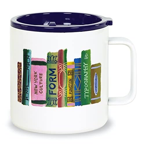 kate spade new york Stainless Steel Insulated Mug with Handle and Lid, 16 Ounce Double Wall Tumbler, Reusable Coffee Travel Mug for Hot and Cold Drinks, Bookshelf