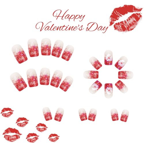 Vopintpy Romantic Glitter Lips Press on Nails Medium Square Fake Nails