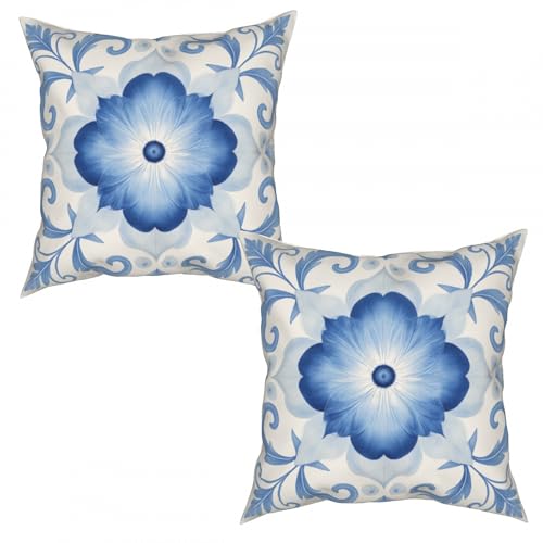 Elegant Blue Floral Throw Pillow Covers - 18x18 Inch Set of 2