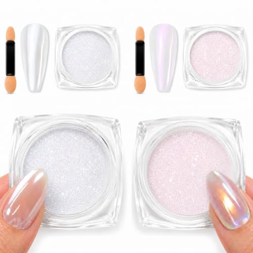 Uellipapy White Pearl & Pink Aurora Chrome Nail Powder Set