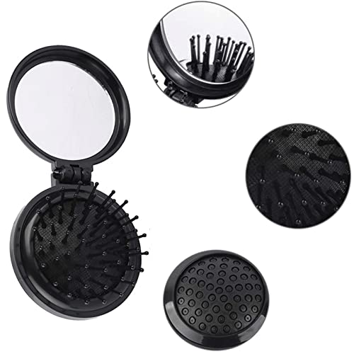Serrale Folding Travel Hair Brush with Mirror Compact Mini Round Comb Black