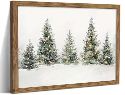 Pine Forest Christmas Wall Art - Framed Snowy Pine Tree Landscape, 16x12 Inch Neutral Farmhouse Decor