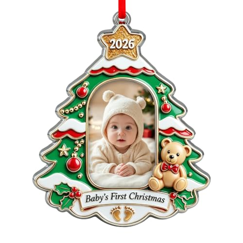Baby's First Christmas Ornament 2026 - Christmas Tree Decoration with Photo Frame - Teddy Bear & Baubles, Holiday Keepsake