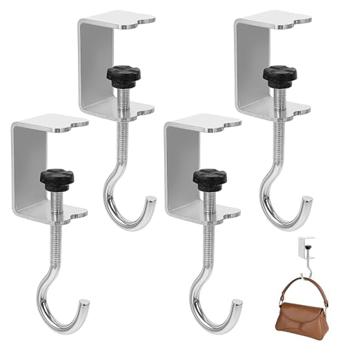 cobee Clamp-On Under Desk Hooks, Adjustable Metal Bag Hanger, 4 Pcs Silver