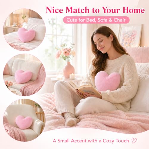 RAINFLOW Pink Faux Fur Heart Shaped Throw Pillow - Plush Room Decor