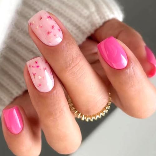Pink Floral Press on Nails Short Square Fake Nails Set with Glue