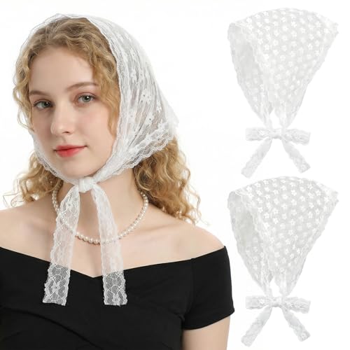 White Lace Floral Hair Scarf Bandana 2 Pack - Women Cute Headwrap