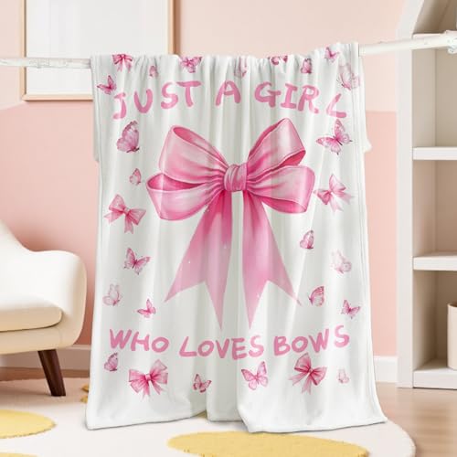 Pink Bow Throw Blanket 50x60 - Soft Flannel Aesthetic Decor