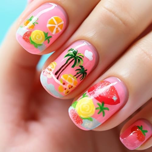 Short Square Palm Tree Press on Nails Glossy Summer Tropical Acrylic Nails