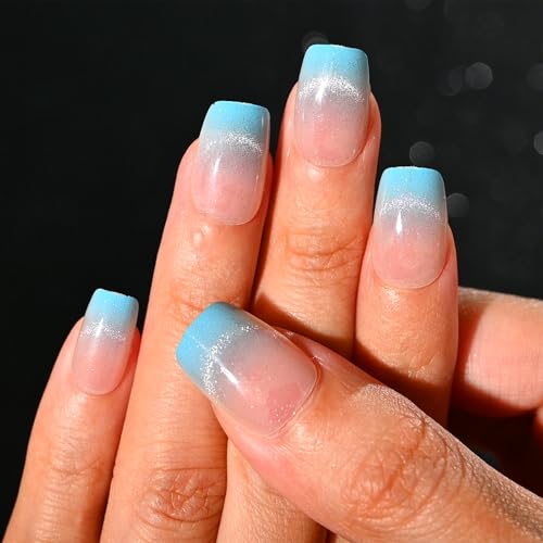Blue Gradient Cat Eye Coffin Press on Nails - 30 Pcs Soft Gel Kit
