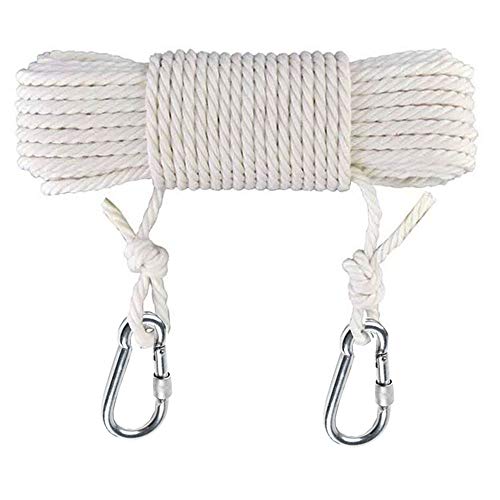 50 Ft Cotton Clothesline Rope with Metal Hooks - White Laundry Drying Line