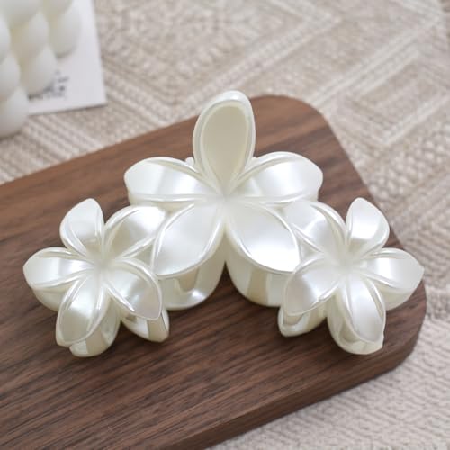 Pearl White Plumeria Flower Hair Claw Clip 4.3 Inch for Thick Hair