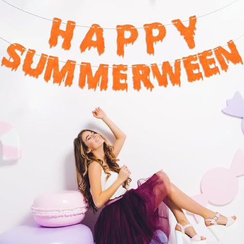 Happy Summerween Banner - Orange Glitter Halloween Party Decor