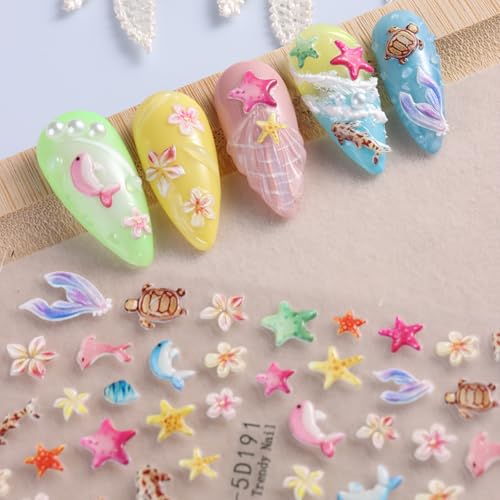 Ocean Nail Stickers 3 Sheets Summer Beach 5D Embossed Decals