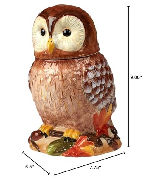 Pine Forest 3-D Owl Cookie Jar with Lid – 60 oz. Ceramic Autumn Storage Canister – Woodland Cabin Kitchen Decor – Great for Fall Cookies, Treats, Snacks & Rustic Holiday Gifting – 7.75"x6.5"x9.875"