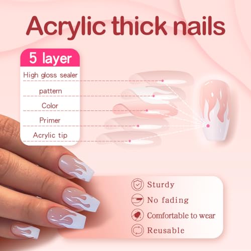 Yivaiks White Flame Press On Nails Medium Length Acrylic Fake Nails Kit