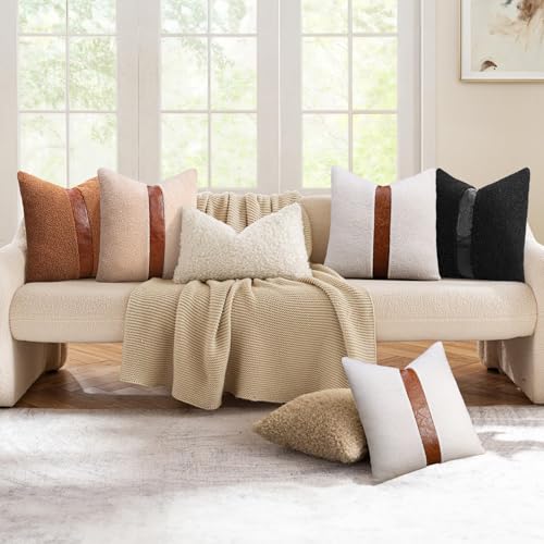 Teddy Boucle Throw Pillow Covers 18x18 - Faux Leather Accent (2PCS)