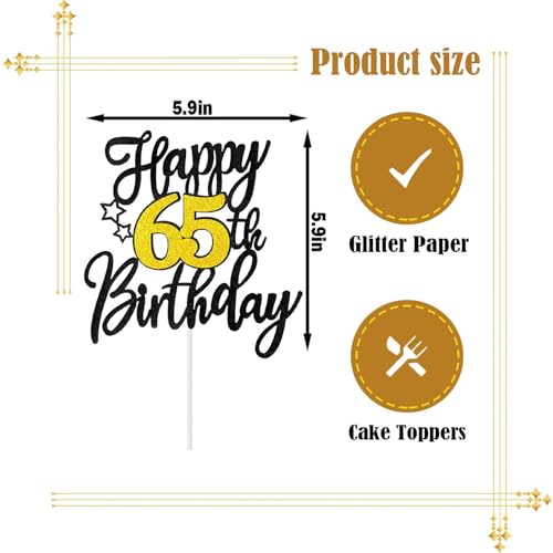 65th Birthday Cake Topper - Black Gold Glitter Decoration