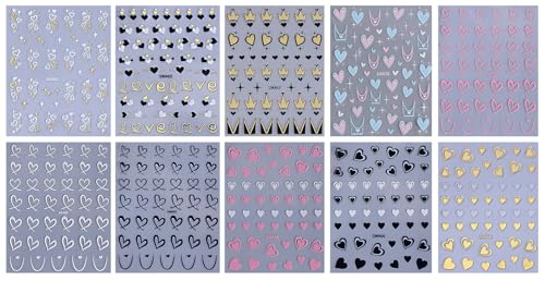 Valentine Heart Nail Art Stickers - 10 Sheets Self-Adhesive Decals