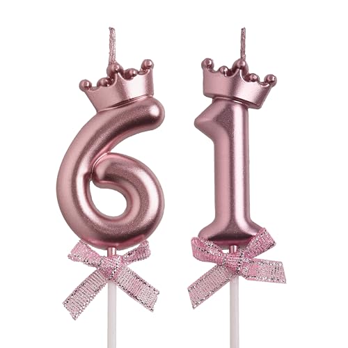 Elegant Rose Gold 61st Birthday Candle Set with Crown Decor