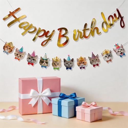 Cat Birthday Banner Set - 10 Cute Cat Face Decorations
