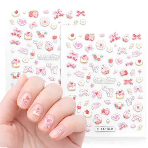 3D Embossed Pink Nail Art Stickers - Cute Cake, Strawberry & Bow Decals