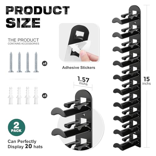 Hatisan Hat Organizer for Wall - 2 Pack Black Baseball Cap Rack Holds 20 Hats