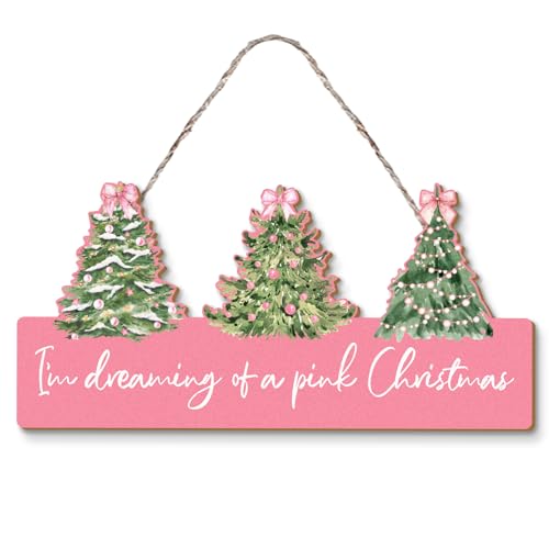 Pink Pastel Bow Christmas Tree Sign Decor - I'm Dreaming of a Pink Christmas - Room Wall & Front Door Hanging - Variation: Pintree