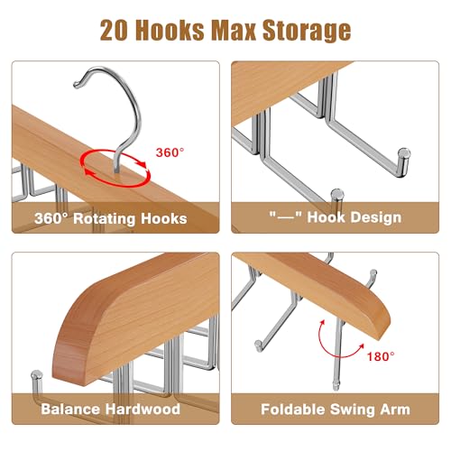 Wooden Tie and Belt Rack - 20 Folding Hook Organizer for Closet