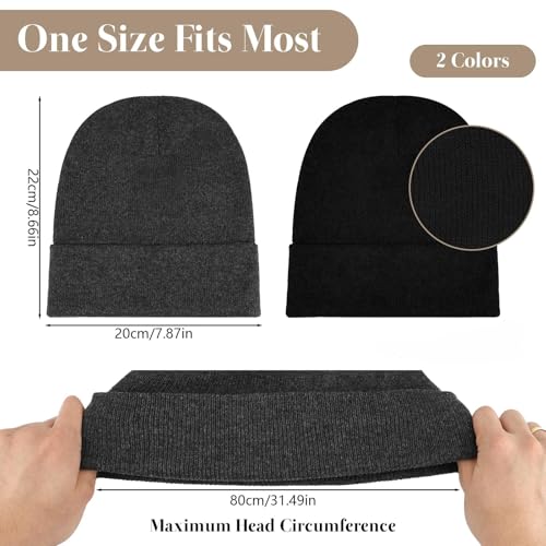 2 Pack Unisex Beanie for Men Women, Slouchy Cuffed Winter Beanie Hats, Soft Warm Knit Beanies Skull Cap Ski Hats- Black, Gray