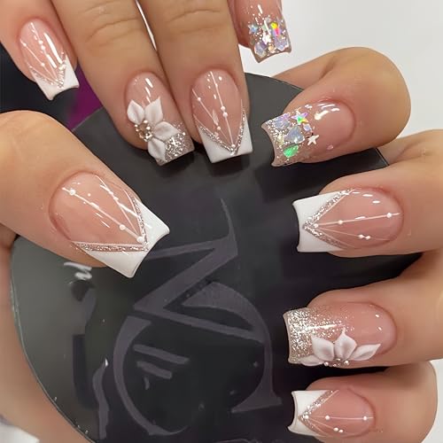French Tip Press on Nails Short Square White Flower Star Glitter