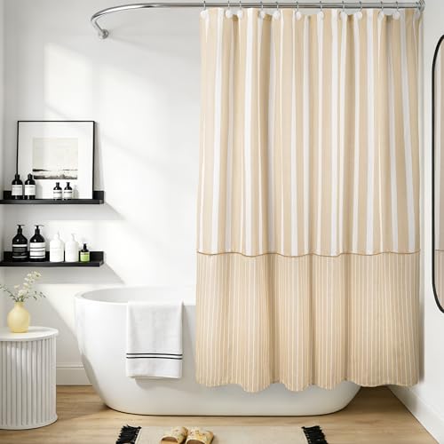 Sunlit Farmhouse Striped Shower Curtain, Beige Faux Linen, 72" x 72"
