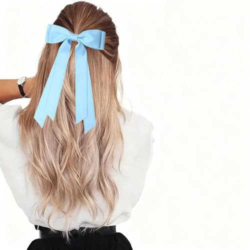 Satin Hair Bows for Women & Girls - Blue & Beige Hair Ribbon Clips (2PCS)