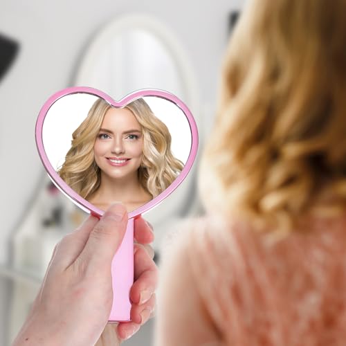 Heart Shaped Handheld Mirror - Pink Water Ripple Makeup Mirror with Handle