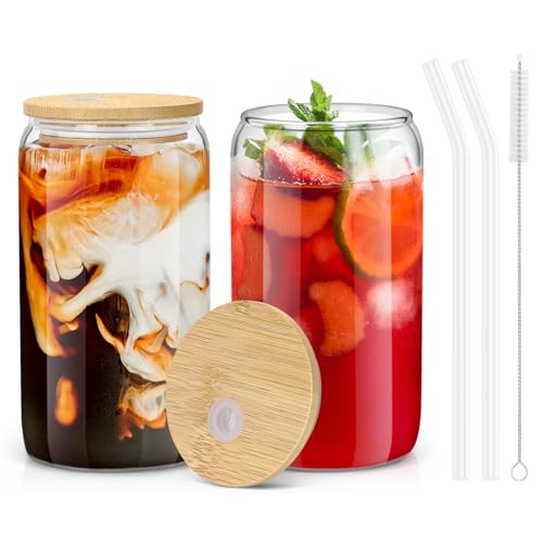 Sungwoo 16 oz Glass Cups with Bamboo Lids & Straws - 2 Pack