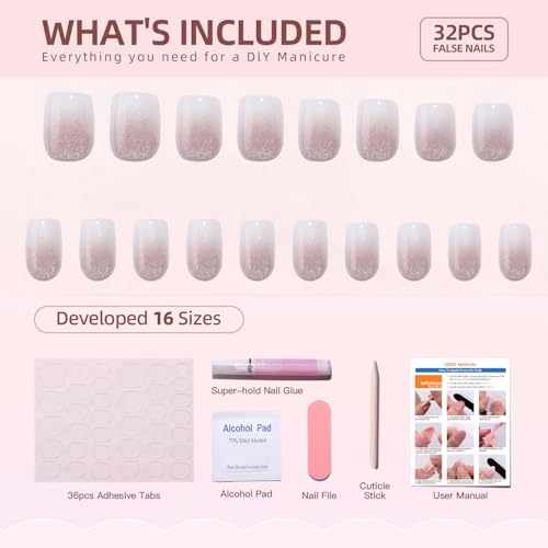 White Gradient Press on Nails Short Square False Nails with Silver Glitter
