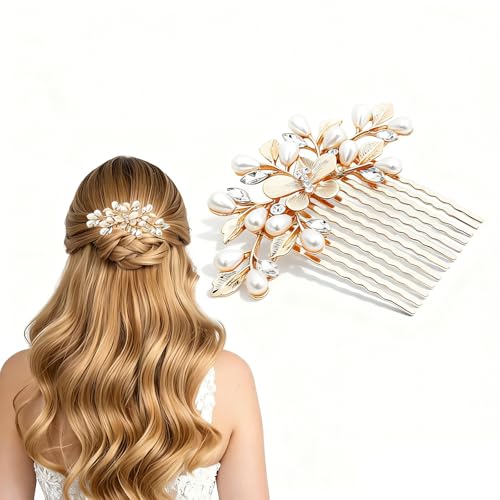 Bridal Gold Pearl Flower Hair Comb - Vintage Wedding Hair Accessory