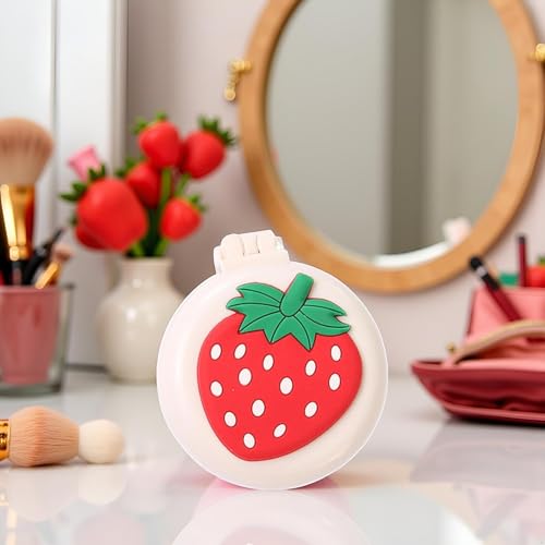 Strawberry Travel Hair Brush, Folding Round Massage Brush with Mini Mirror