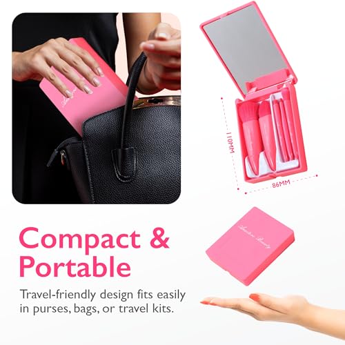 Anactoro Mini Travel Makeup Brush Set with Mirror - 5 Pcs