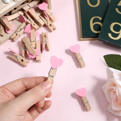 20 Pink Heart Wooden Clothespins with Jute Rope for Photos