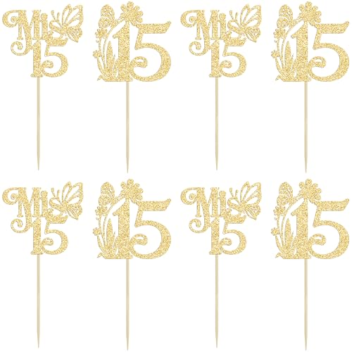 Ephlyn 24Pcs Glitter Cupcake Toppers for 15th Birthday Party